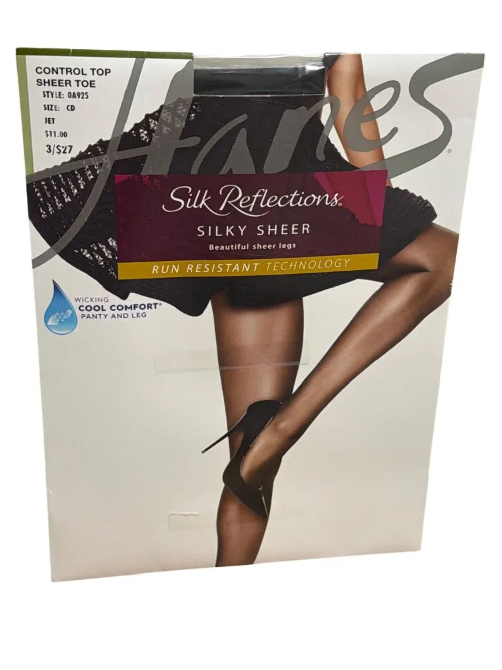 Hanes Silk Reflections Control Top Sheer Toe Pantyhose Size CD Jet Black Run Res